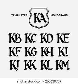 Monogram design template with combinations of capital letters KA KB KC KD KE KF KG KH KI KJ KK KL KM. Vector illustration.