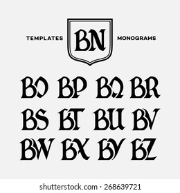 Monogram design template with combinations of capital letters BN BO BP BQ BR BS BT BU BV BW BX BY BZ. Vector illustration.