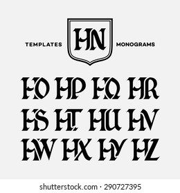 Monogram design template with combinations of capital letters HN HO HP HQ HR HS HT HU HV HW HX HY HZ. Vector illustration.