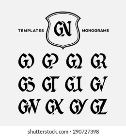 Monogram design template with combinations of capital letters GN GO GP GQ GR GS GT GU GV GW GX GY GZ. Vector illustration.
