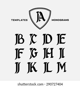 Monogram design template with combinations of capital letters JA JB JC JD JE JF JG JH JI JJ JK JL JM. Vector illustration.