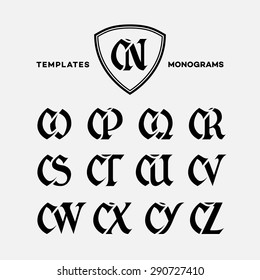 Monogram design template with combinations of capital letters CN CO CP CQ CR CS CT CU CV CW CX CY CZ. Vector illustration.