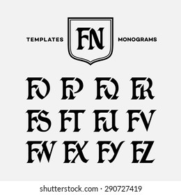 Monogram design template with combinations of capital letters FN FO FP FQ FR FS FT FU FV FW FX FY FZ. Vector illustration.