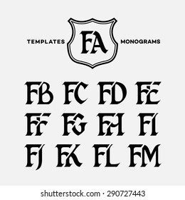 Monogram design template with combinations of capital letters FA FB FC FD FE FF FG FH FI FJ FK FL FM. Vector illustration.