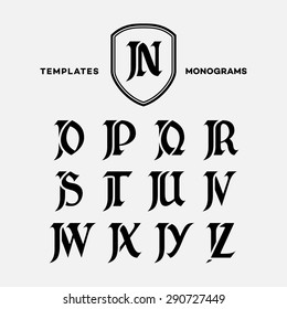 Monogram design template with combinations of capital letters JN JO JP JQ JR JS JT JU JV JW JX JY JZ. Vector illustration.