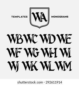 Monogram design template with combinations of capital letters WA WB WC WD WE WF WG WH WI WJ WK WL WM. Vector illustration.