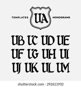 Monogram design template with combinations of capital letters UA UB UC UD UE UF UG UH UI UJ UK UL UM. Vector illustration.