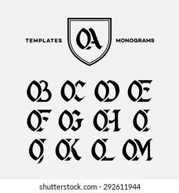 Monogram design template with combinations of capital letters OA OB OC OD OE OF OG OH OI OJ OK OL OM. Vector illustration.