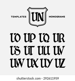 Monogram design template with combinations of capital letters UN UO UP UQ UR US UT UU UV UW UX UY UZ. Vector illustration.