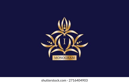 Plantilla de diseño de monograma con la letra I en el centro y lugar para el texto. Marca elegante de la compañía, emblema, invitación, etiqueta, signo del negocio.