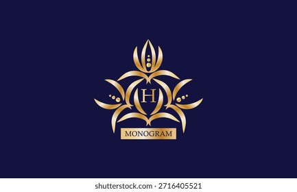 Monogramm-Design-Vorlage mit Buchstabe H in der Mitte und Platz für Text. Elegantes Firmenlogo, Emblem, Einladung, Label, Geschäftszeichen.