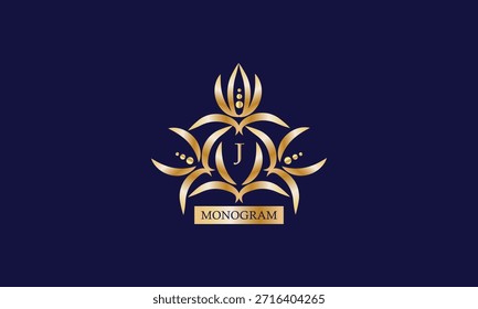 Modelo de design de monograma com letra J no centro e lugar para texto. Marca de empresa elegante, emblema, convite, rótulo, sinal de negócios.