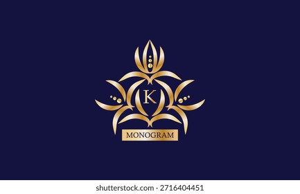 Monogramm-Design-Vorlage mit Buchstabe K in der Mitte und Platz für Text. Elegantes Firmenlogo, Emblem, Einladung, Label, Geschäftszeichen.