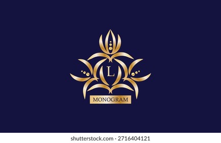 Plantilla de diseño de monograma con la letra L en el centro y lugar para el texto. Marca elegante de la compañía, emblema, invitación, etiqueta, signo del negocio.