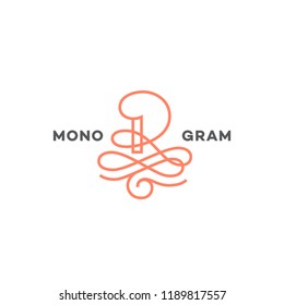Monogram design template of letter R in outline style. Vector illustration.
