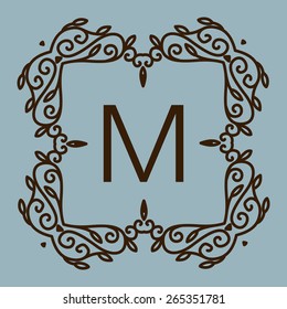 Monogram design. Vector floral outline frame or border - abstract logo  template for spa, floral shops and cosmetics