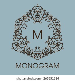 Monogram design. Vector floral outline frame or border - abstract logo  template for spa, floral shops and cosmetics
