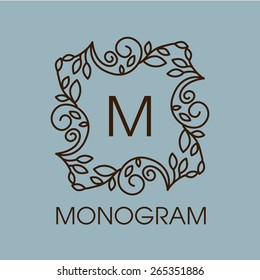 Monogram design. Vector floral outline frame or border - abstract logo  template for spa, floral shops and cosmetics