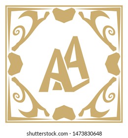 Monogram with double letter A in an original gold frame. An abstract rectangular frame with the place for the text. A logo for business. A template for cafe, bars, boutiques Vector element of design.