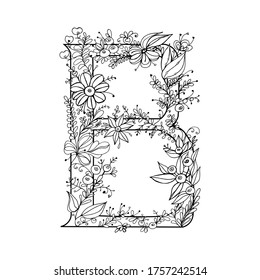 Dibujo monograma de la letra B adornado con flores abstractas. Imagen vectorial en blanco y negro.