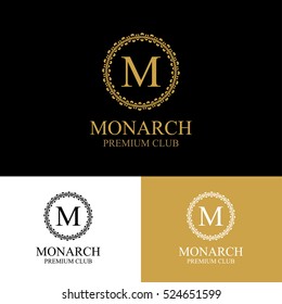 Monogram emblem in dark, light and gold color variants. Heraldic logo in classic style. Vector illustration of letter sign in ornamental frame. Elegant design element, graceful template.