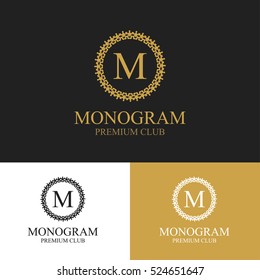 Monogram emblem in dark, light and gold color variants. Heraldic logo in classic style. Vector illustration of letter sign in ornamental frame. Elegant design element, graceful template.