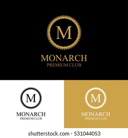 Monogram emblem in dark, light and gold color variants. Heraldic logo in classic style. Vector illustration of letter sign in ornamental frame. Elegant design element, graceful template.