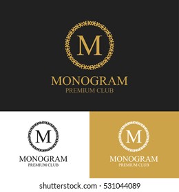 Monogram emblem in dark, light and gold color variants. Heraldic logo in classic style. Vector illustration of letter sign in ornamental frame. Elegant design element, graceful template.