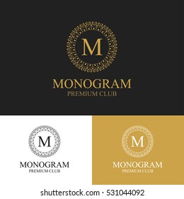 Monogram emblem in dark, light and gold color variants. Heraldic logo in classic style. Vector illustration of letter sign in ornamental frame. Elegant design element, graceful template.