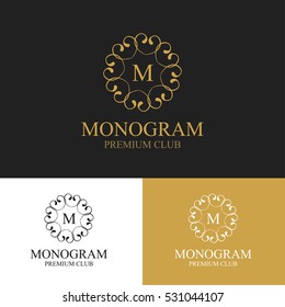 Monogram emblem in dark, light and gold color variants. Heraldic logo in classic style. Vector illustration of letter sign in ornamental frame. Elegant design element, graceful template.