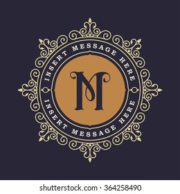 Insignia del emblema del monograma. Diseño vectorial de adorno con logotipo caligráfico. Marco decorativo para Menú Restaurante, Hotel, Joyería, Moda, Etiqueta, Cartel, Cartel, Insignia