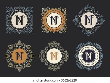 Monogram emblem insignia set. Calligraphic logo ornament vector design. Decorative frame for Restaurant Menu, Hotel, Jewellery, Fashion, Label, Sign, Banner, Badge