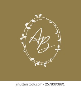 Monogram. Floral frame with branches, leaves and flowers in line art. Delicate botanical wreath. Vector illustration for label, corporate identity, logo, branding, wedding invitation, save the date