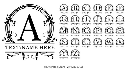 Monogram Floral Split Letters, Split Alphabet, Split Font Vector