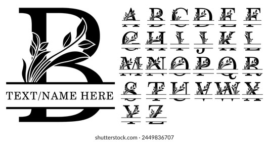 Monogram Floral Split Letters, Split Alphabet, Split Font Vector