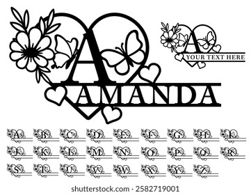 Monogram Flower heart with butterfly and hearts Split Letters Set A-Z Designs, Floral Monogram Font Vector Design, Alphabet Letter Laser Cut Files