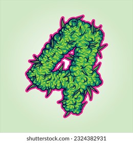 Monogram font number 4 marijuana buds texture illustrations vector illustrations for your work logo, merchandise t-shirt, stickers and label designs, poster, greeting cards advertising business 