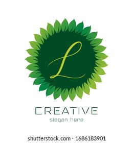 Logotipo del marco monográfico, marco floral circular con fondo blanco aislado en L inicial