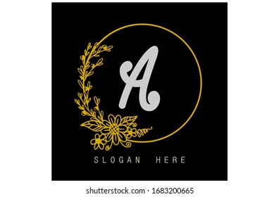 Monogram frame logo, golden circle flower frame with initial "A" and black background