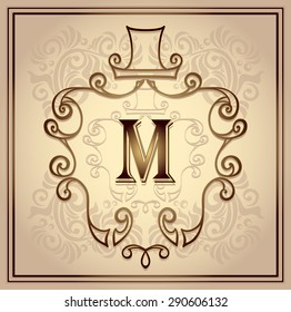 Monogram frame or symbol or emblem with hat for men on  beige  background for design cosmetic or perfumer or clothes or for restroom 