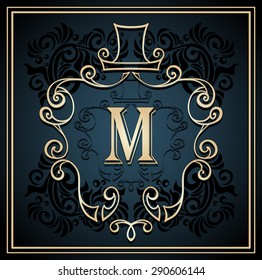 Monogram frame or symbol or emblem with hat for men on black  background for design cosmetic or perfumer or clothes or for restroom 