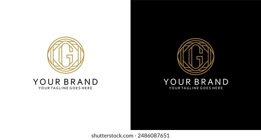 A monogram g logo with a modern ornamental circle in the corner of the monoline gives a classic impression of simple luxury elegance and minimalism 