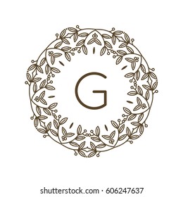 Monogram G logo and text badge emblem line art vector illustration luxury template flourishes calligraphic leaves elegant ornament sign.