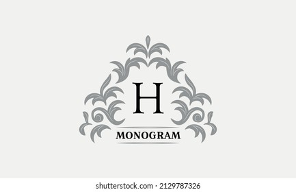 Monograma H. Logotipo floral lujoso con líneas caligráficas elegantes de adorno. Signo de negocio, identidad para restaurante, boutique, café, hotel, heráldica, moda y otras ilustraciones vectoriales