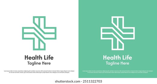 Monogram health logo design illustration. Silhouette cross plus fresh green linear lines hospital clinic patient medicine treatment. Abstract minimal minimalist simple icon symbol.