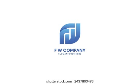 Ilustración de monograma que combina las letras F y W con un degradado azul vibrante. Color del vector para el diseño de la identidad corporativa.