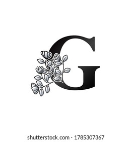 Monogram Initial G Letter Logo, Monogram Elegance Black and White Nature Flowers Ornate Style Vector Design.