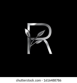 Monogram Initial Logo Letter R. Silver vector design concept floral leaves for business identity.