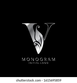 Monogram Initial Logo Letter V. Silver vector design concept floral leaves for business identity.