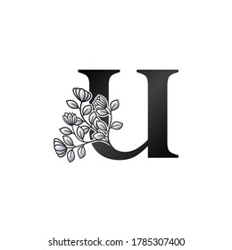 Monogram Initial U Letter Logo, Monogram Elegance Black and White Nature Flowers Ornate Style Vector Design.